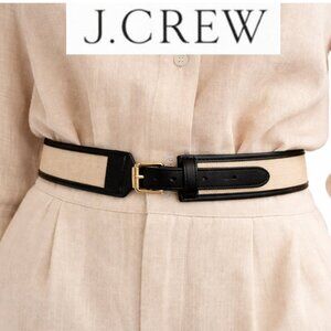 J.Crew Leather Trim Canvas Waist Belt Black Beige Gold Buckle Size M NWT